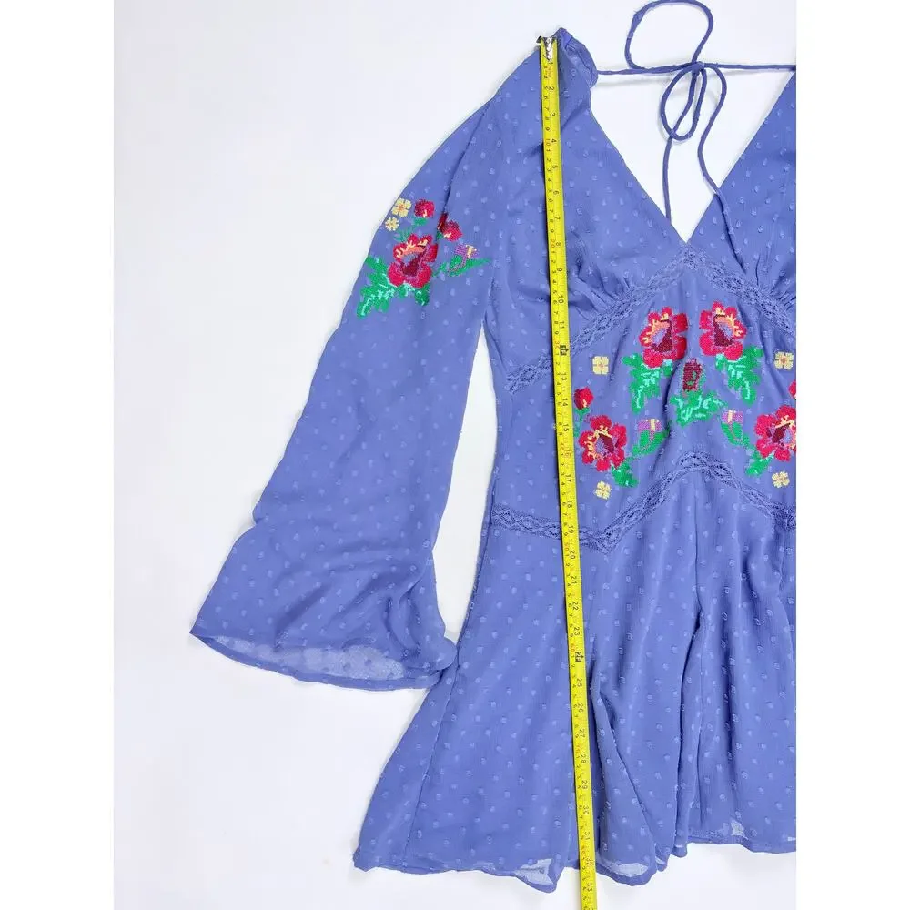 ASOS DESIGN Embroidered Floral Mini Dress 10 Blue Swiss Dot Cottagecore Boho NWT - Picture 12 of 14